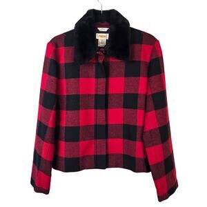 Vintage Talbots Coat Women's 10 Red Black Buffalo Plaid Faux Fur Collar Outdoor
